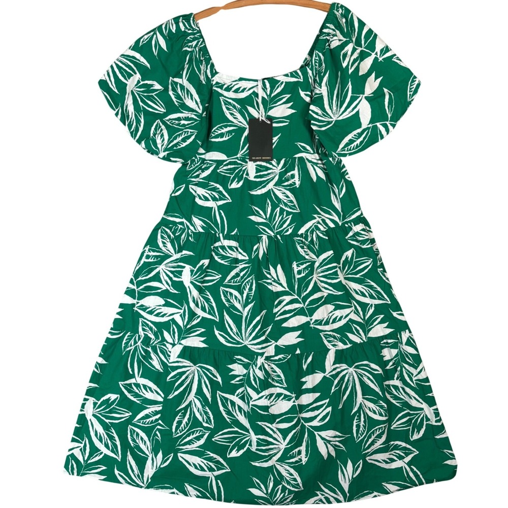 Meadow Rhodes Green White Tropical Leaf Cotton Puff Sleeve Tiered Midi Dress XL